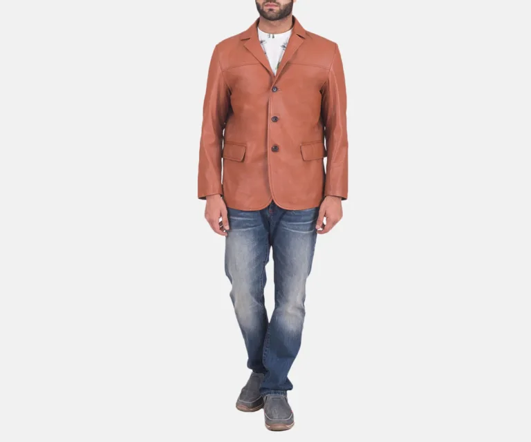 James Tan Brown Leather Blazer — Macro Detail Leather Grain, Stitching & Buttons