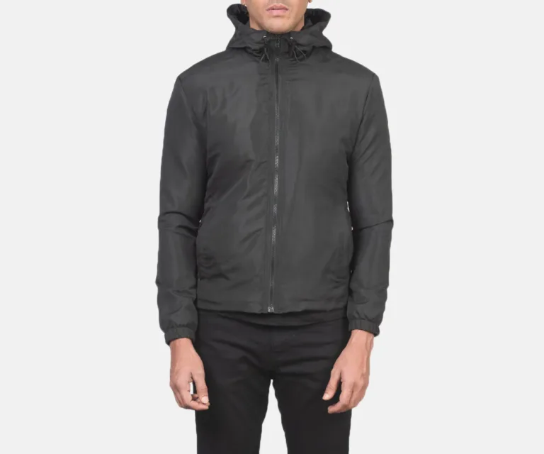 Jimmy Black Hooded Windbreaker Jacket — Front Collar & Placket Thermal Detail