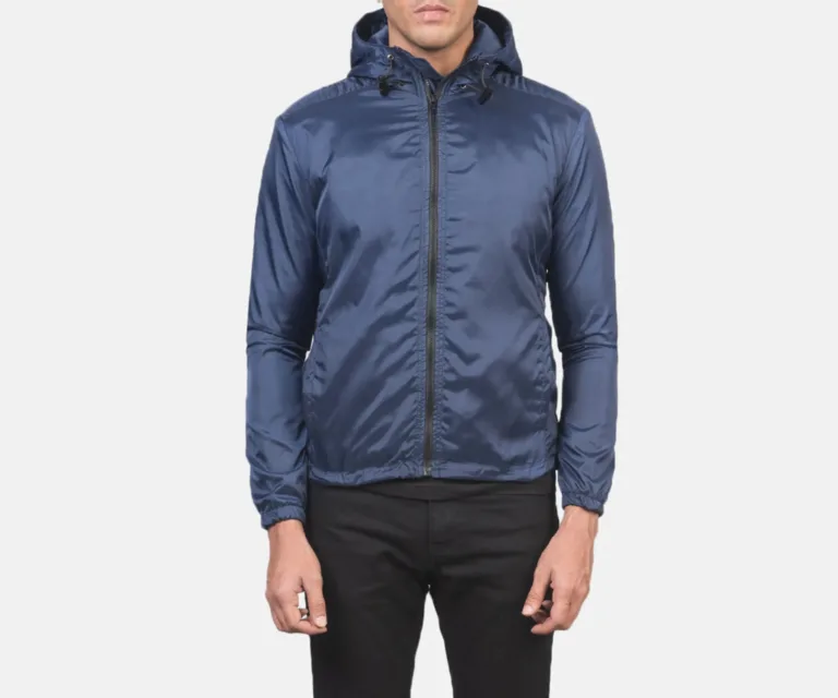 Jimmy Blue Hooded Windbreaker Jacket — Front Collar & Placket Thermal Detail