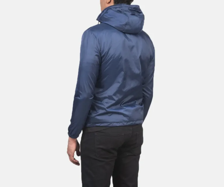 Jimmy Blue Hooded Windbreaker Jacket — Rear Back View & Tailored Hemline