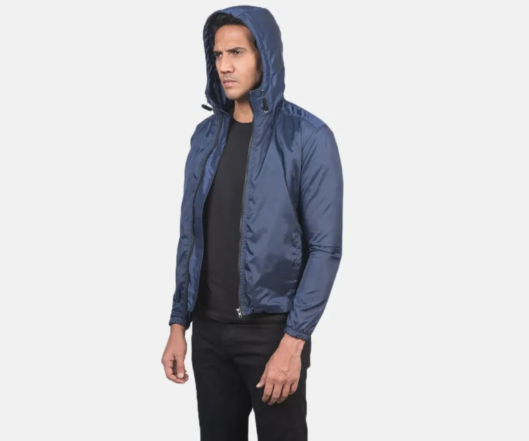 Jimmy Blue Hooded Windbreaker Jacket — Full-Length Model Editorial Presentation