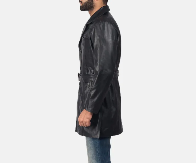 Jordan Black Leather Coat — Rear Profile View