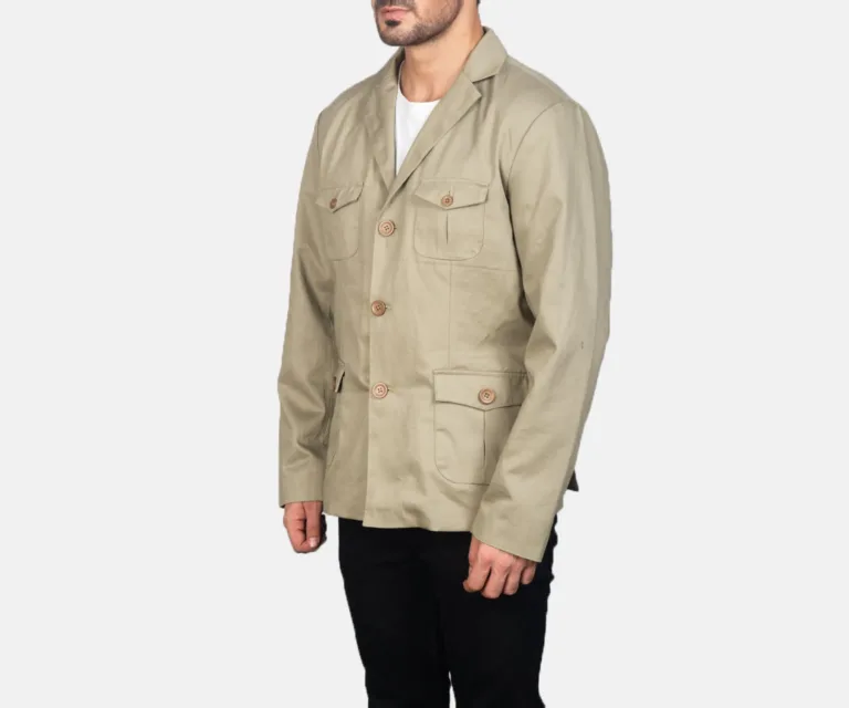 Kajetan Beige Safari Jacket — Quarter Angle Profile & Contoured Sleeve Detail