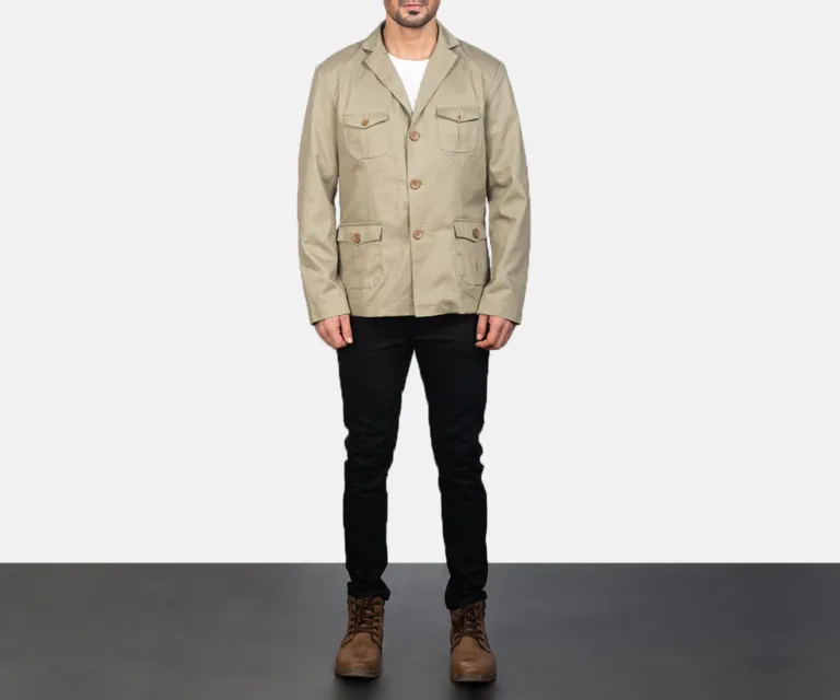 Kajetan Beige Safari Jacket — Front Lapel Closure & Button Detail