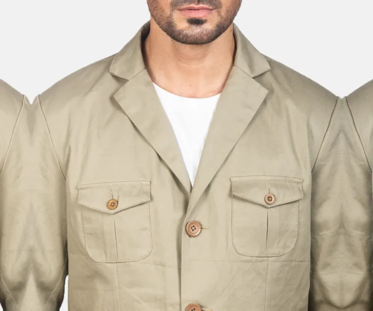 Kajetan Beige Safari Jacket — Full-Length Model Editorial Presentation