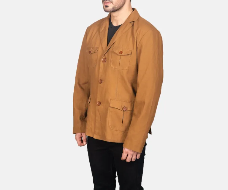 Kajetan Khaki Safari Jacket — Quarter Angle Profile & Contoured Sleeve Detail
