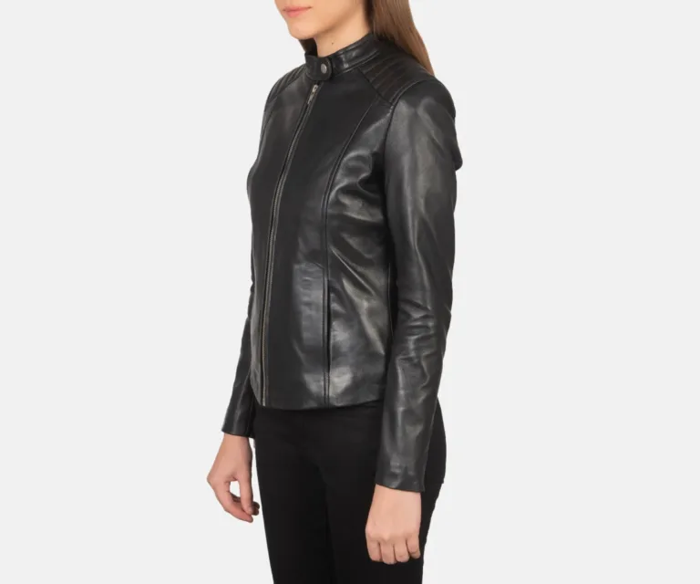 Kelsee Black Leather Biker Jacket Luxury Women's Biker Jacket — Three-Quarter Editorial Perspective