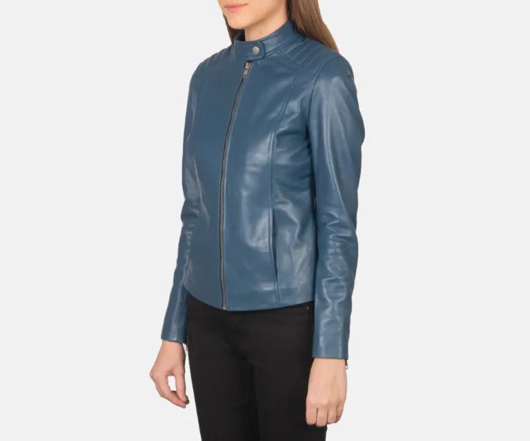Kelsee Blue Leather Biker Jacket Luxury Women's Biker Jacket — Three-Quarter Editorial Perspective
