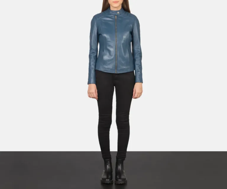 Kelsee Blue Leather Biker Jacket Luxury Women's Biker Jacket — Asymmetrical Zipper & Lapel Architecture
