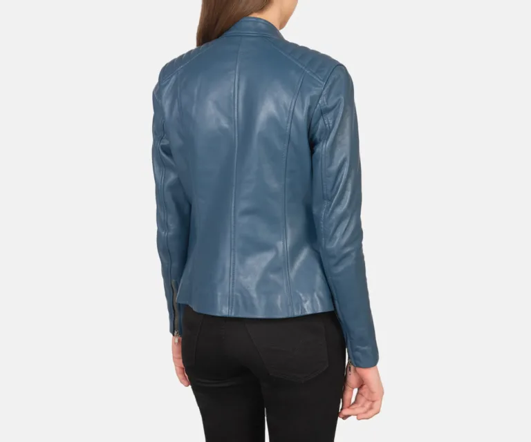 Kelsee Blue Leather Biker Jacket Luxury Women's Biker Jacket — Macro Hardware & Leather Grain