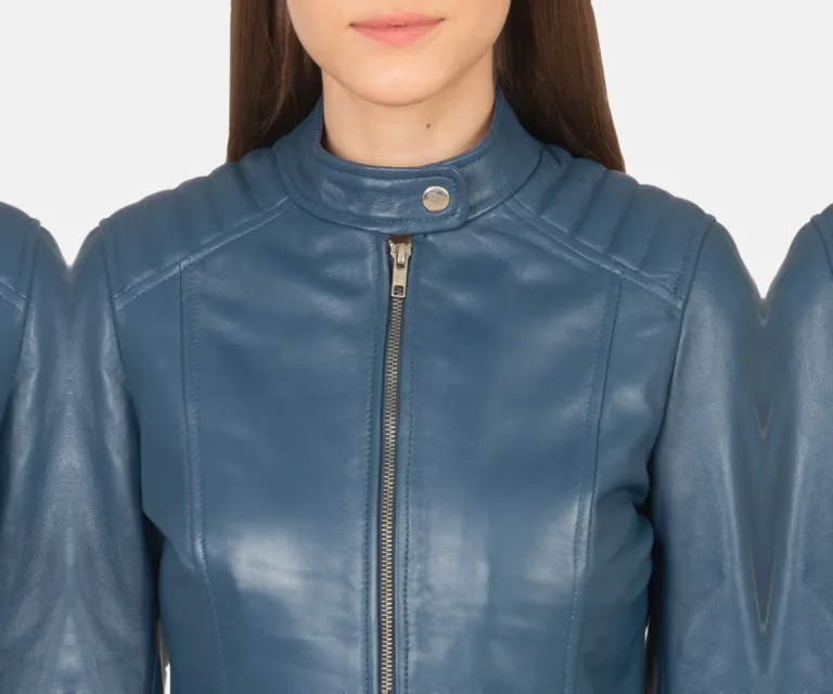 Kelsee Blue Leather Biker Jacket Luxury Women's Biker Jacket — Full-Length Silhouette & Drape