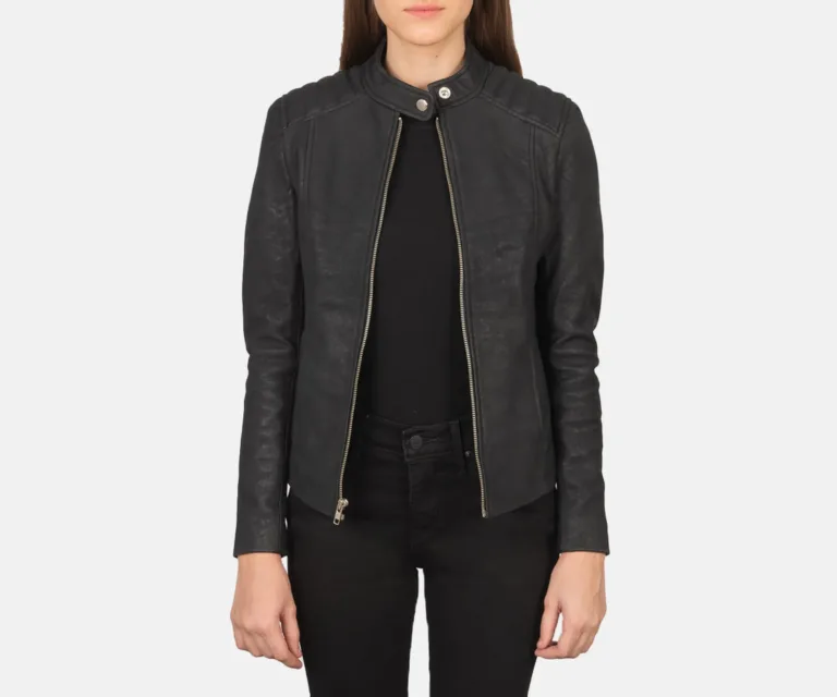 Kelsee Distressed Black Leather Biker Jacket Luxury Women's Biker Jacket — Front Silhouette Hero Presentation