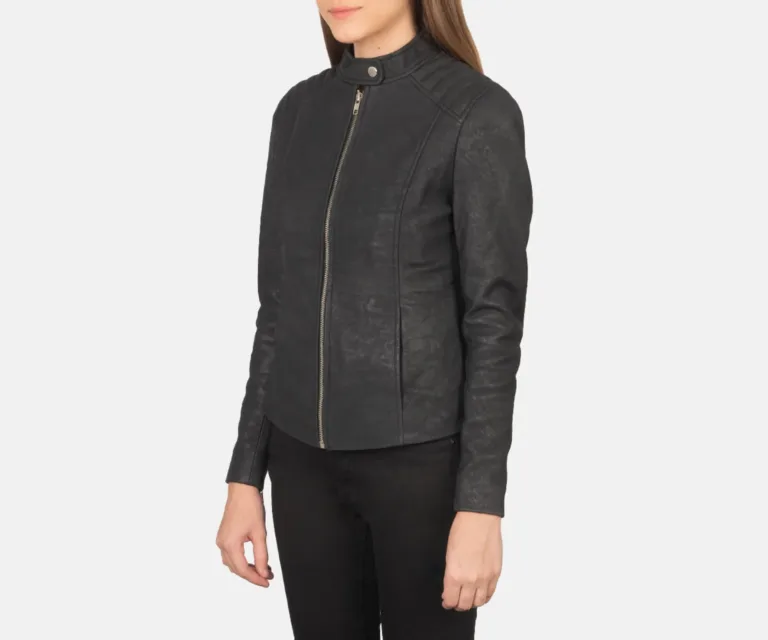 Kelsee Distressed Black Leather Biker Jacket Luxury Women's Biker Jacket — Three-Quarter Editorial Perspective
