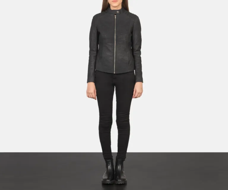 Kelsee Distressed Black Leather Biker Jacket Luxury Women's Biker Jacket — Asymmetrical Zipper & Lapel Architecture