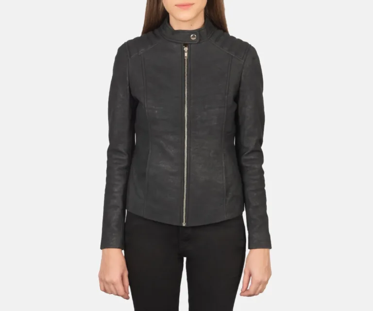 Kelsee Distressed Black Leather Biker Jacket Luxury Women's Biker Jacket — Rear Profile & Tailored Seaming