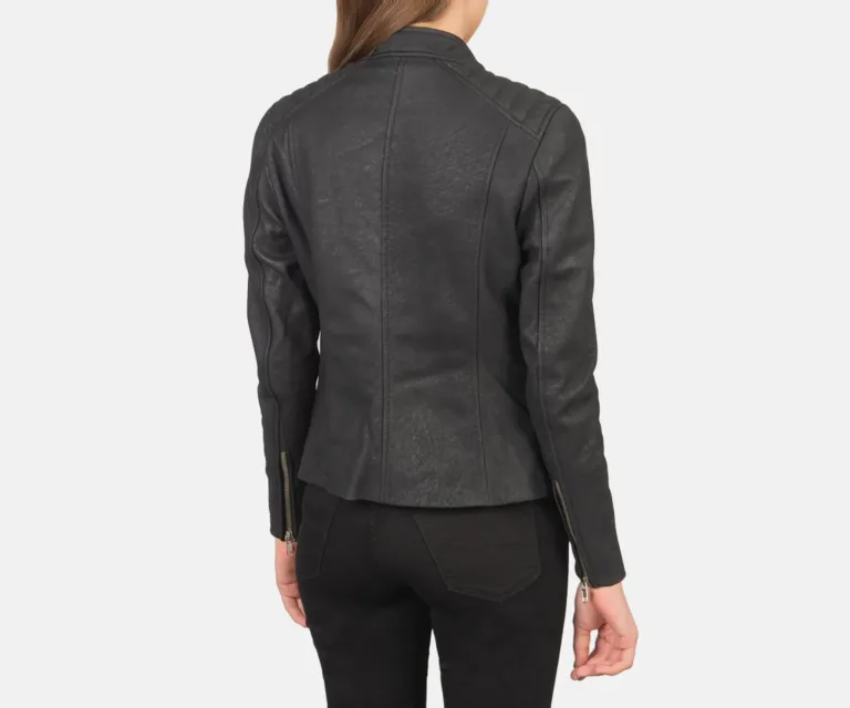 Kelsee Distressed Black Leather Biker Jacket Luxury Women's Biker Jacket — Macro Hardware & Leather Grain