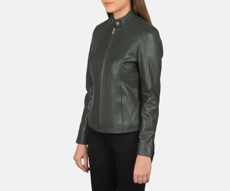 Kelsee Green Leather Biker Jacket Luxury Women's Biker Jacket — Three-Quarter Editorial Perspective