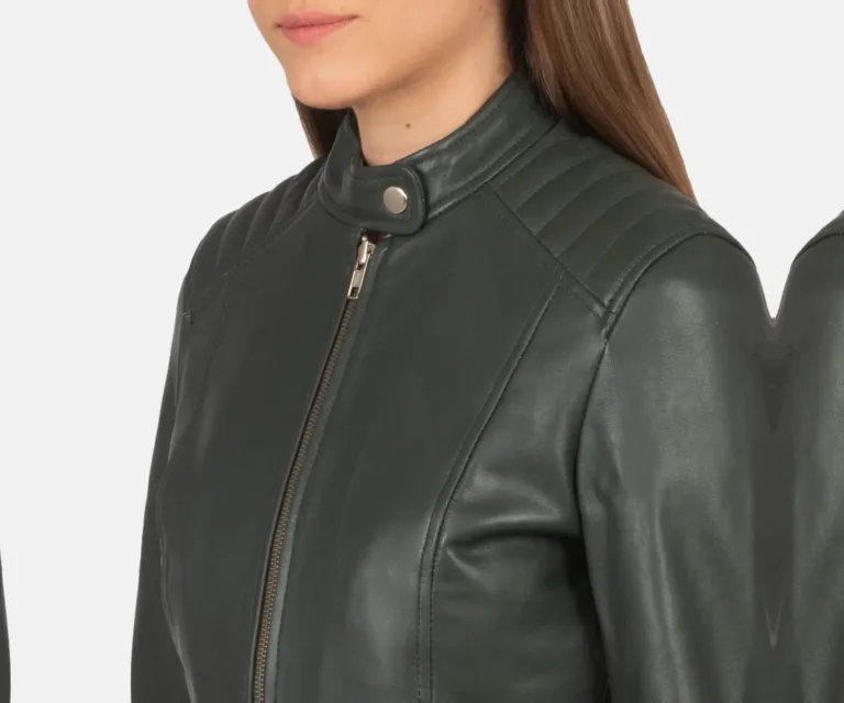 Kelsee Green Leather Biker Jacket Luxury Women's Biker Jacket — Full-Length Silhouette & Drape