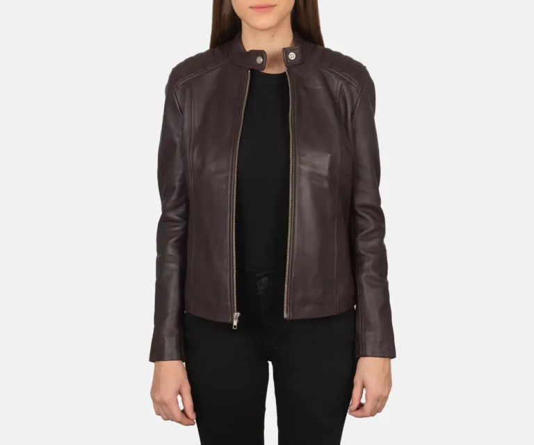 Kelsee Maroon Leather Biker Jacket Luxury Women's Biker Jacket — Front Silhouette Hero Presentation