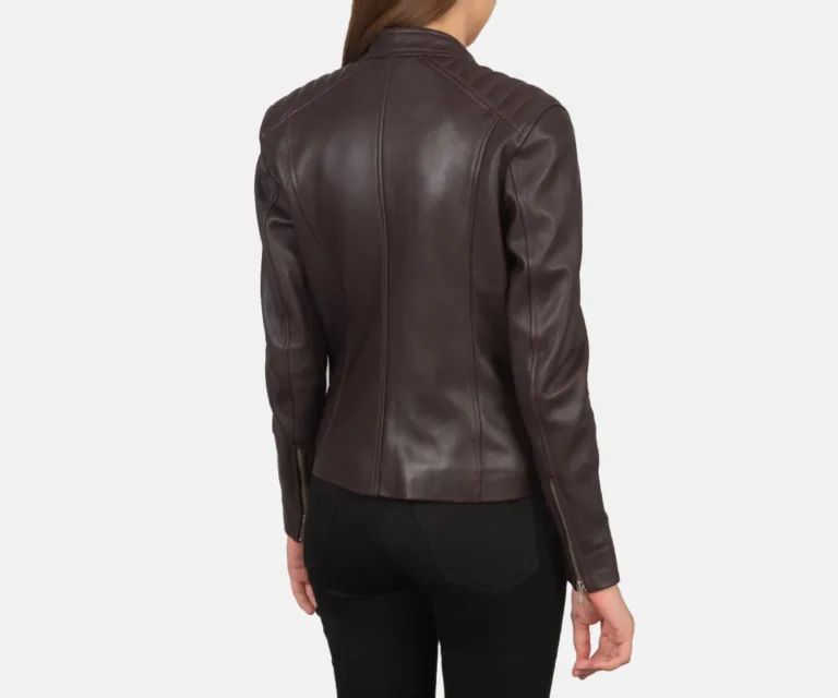 Kelsee Maroon Leather Biker Jacket Luxury Women's Biker Jacket — Macro Hardware & Leather Grain