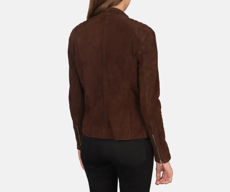 Kelsee Mocha Suede Biker Jacket Luxury Women's Biker Jacket — Macro Hardware & Leather Grain
