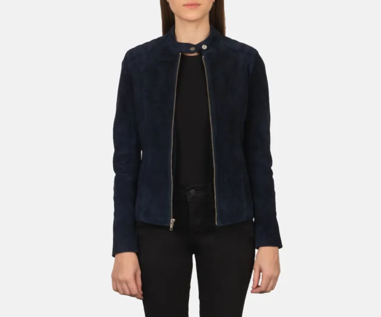Kelsee Navy Blue Suede Biker Jacket Luxury Women's Biker Jacket — Front Silhouette Hero Presentation