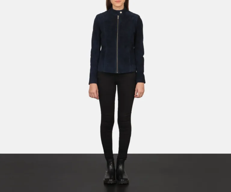 Kelsee Navy Blue Suede Biker Jacket Luxury Women's Biker Jacket — Asymmetrical Zipper & Lapel Architecture