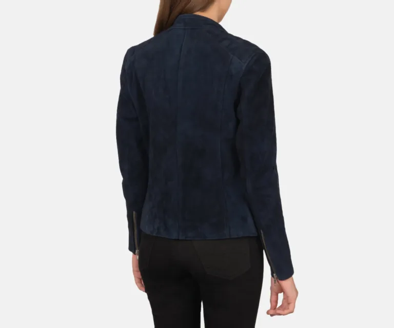 Kelsee Navy Blue Suede Biker Jacket Luxury Women's Biker Jacket — Macro Hardware & Leather Grain