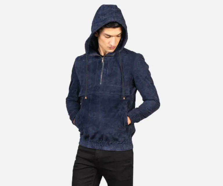 Kenton Hooded Blue Suede Pullover Jacket