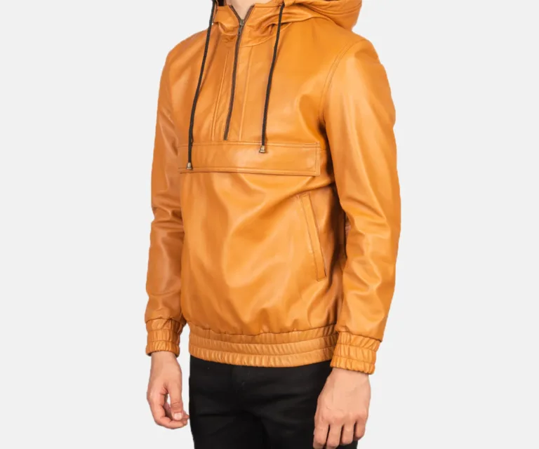 Kenton Hooded Brown Leather Pullover Jacket — view 2