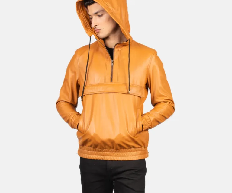 Kenton Hooded Brown Leather Pullover Jacket — view 4