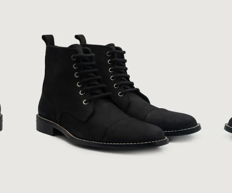 Knight Derby Black Nubuck Leather Boots Handcrafted Men's Footwear — Lateral Profile Hero View
