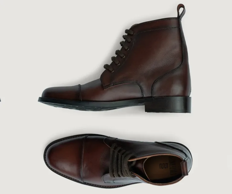Knight Derby Burnished Brown Leather Boots - StudGuard Handcrafted Men's Footwear — Three-Quarter Perspective