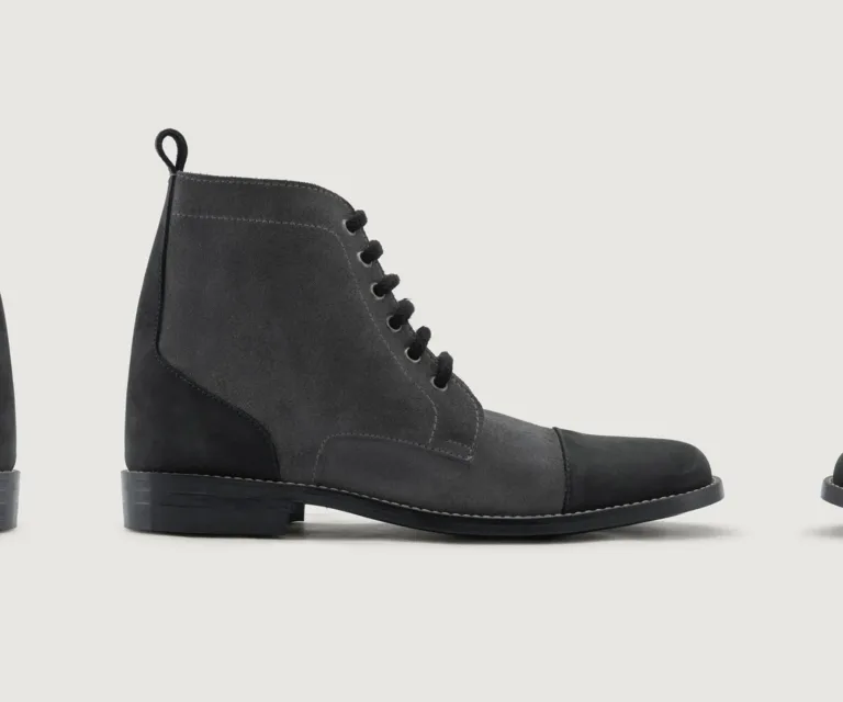 Knight Derby Grey & Black Leather Boots - StudGuard Handcrafted Men's Footwear — Three-Quarter Perspective