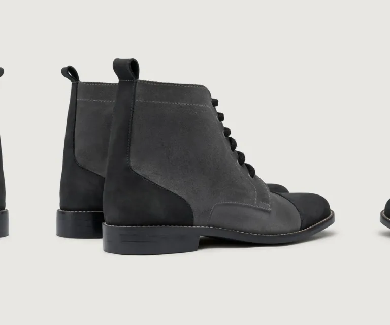 Knight Derby Grey & Black Leather Boots - StudGuard Handcrafted Men's Footwear — Heel Counter & Rear View