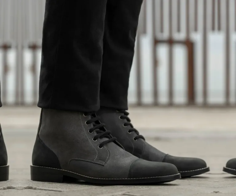 Knight Derby Grey & Black Leather Boots - StudGuard Handcrafted Men's Footwear — Complete Pair Presentation