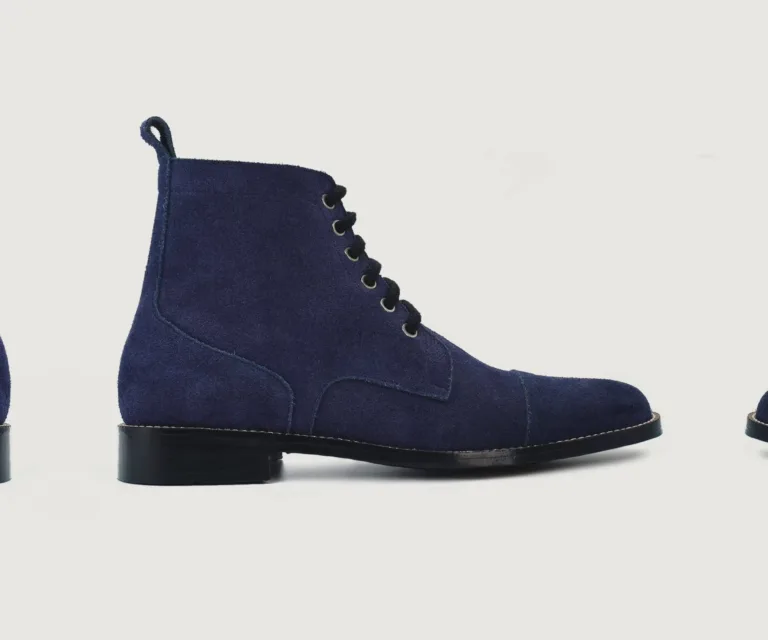 Knight Derby Midnight Blue Suede Leather Boots Handcrafted Men's Footwear — Three-Quarter Perspective