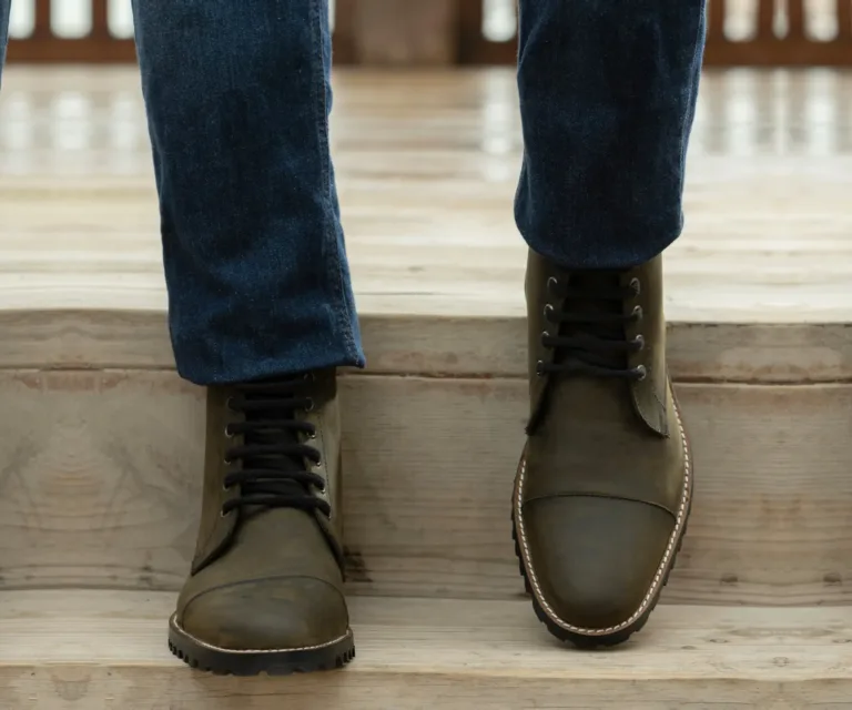 Knight Derby Olive Green Pullup Leather Boots - TerraGrip Handcrafted Men's Footwear — Outsole Tread & Seam Craftsmanship