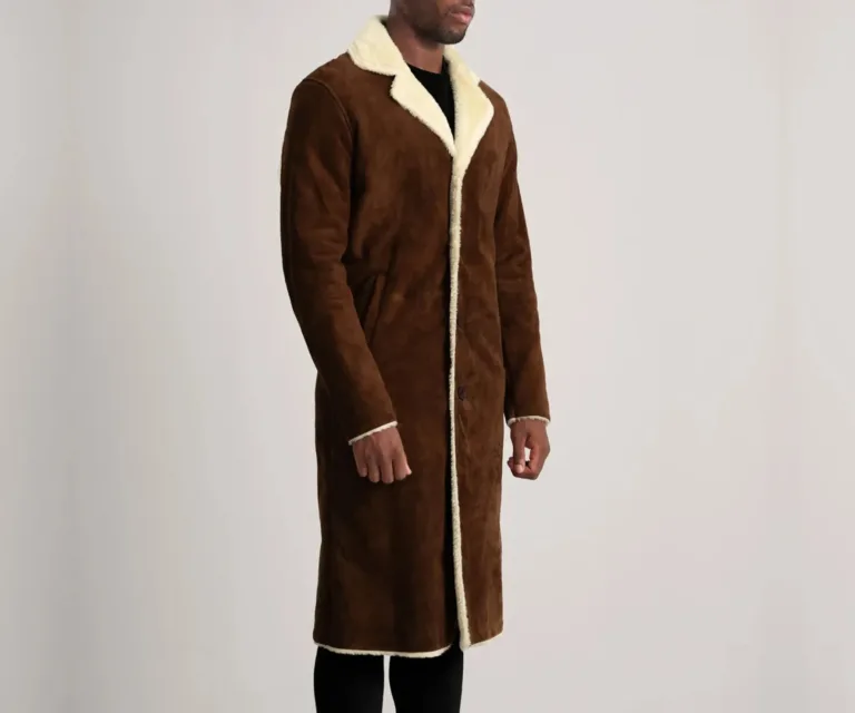 Kolby Brown Suede Shearling Coat — Quarter Angle Profile & Contoured Sleeve Detail