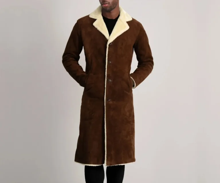 Kolby Brown Suede Shearling Coat — Front Collar & Placket Thermal Detail