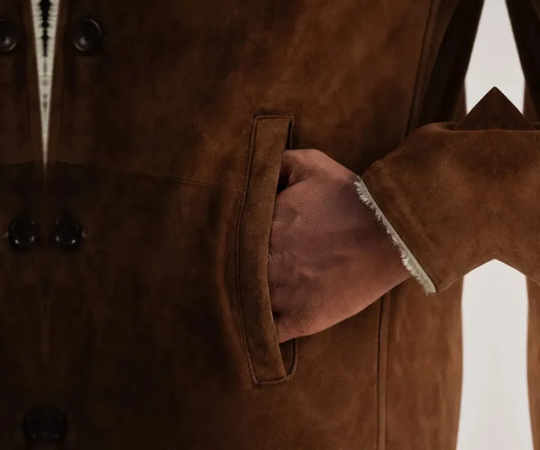 Kolby Brown Suede Shearling Coat — Macro Detail Texture, Stitching & Hardware