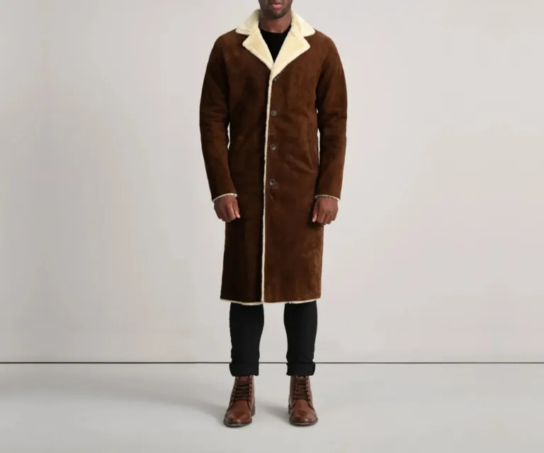 Kolby Brown Suede Shearling Coat — Full-Length Model Editorial Presentation