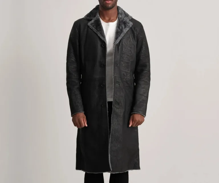 Kolby Distressed Black Leather Shearling Coat — Front Open Hero Presentation