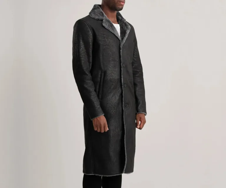 Kolby Distressed Black Leather Shearling Coat — Quarter Angle Profile & Contoured Sleeve Detail