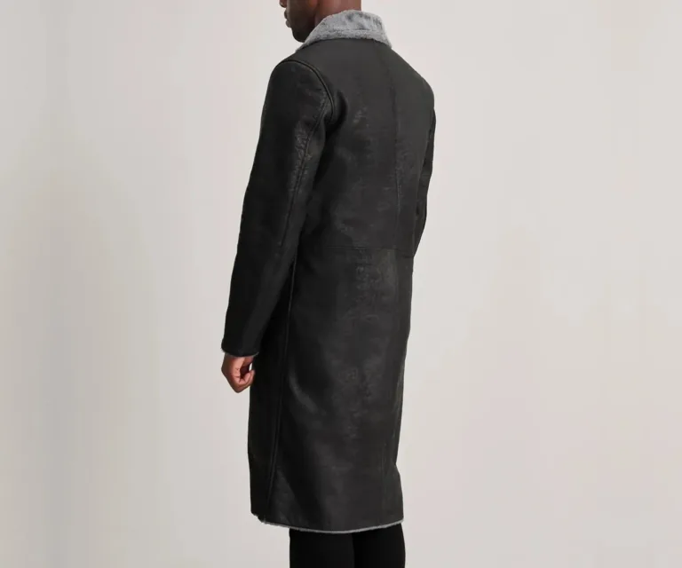 Kolby Distressed Black Leather Shearling Coat — Rear Back View & Tailored Hemline