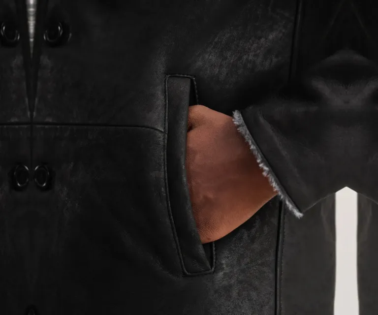 Kolby Distressed Black Leather Shearling Coat — Macro Detail Texture, Stitching & Hardware