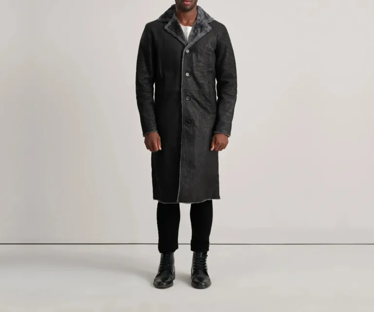 Kolby Distressed Black Leather Shearling Coat — Full-Length Model Editorial Presentation