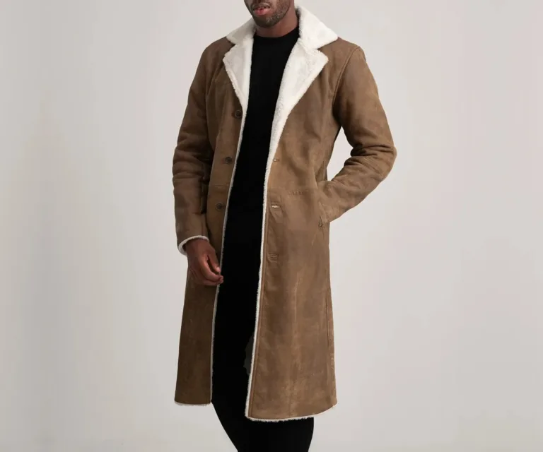 Kolby Distressed Brown Leather Shearling Coat — Front Hero View
