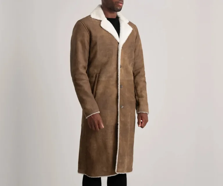 Kolby Distressed Brown Leather Shearling Coat — Quarter Angle Profile & Contoured Sleeve Detail