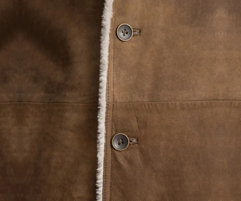 Kolby Distressed Brown Leather Shearling Coat — Front Collar & Placket Thermal Detail